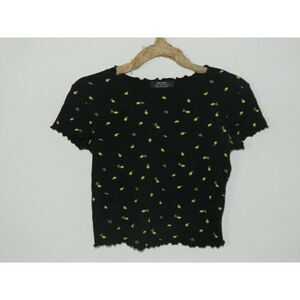 Bershka T-Shirt Black with‎ Lemons Cropped Short Sleeve Size Medium